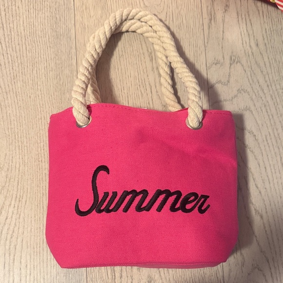 Handbags - Mini Bright Pink Canvas Tote Bag Rope Handles “Summer” Zipper Closure